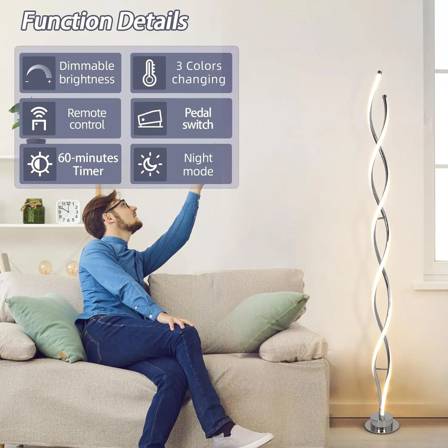 Floor Lamp, LED Spiral Floor Lamp for Living Room, 3-Color Dimmable Remote