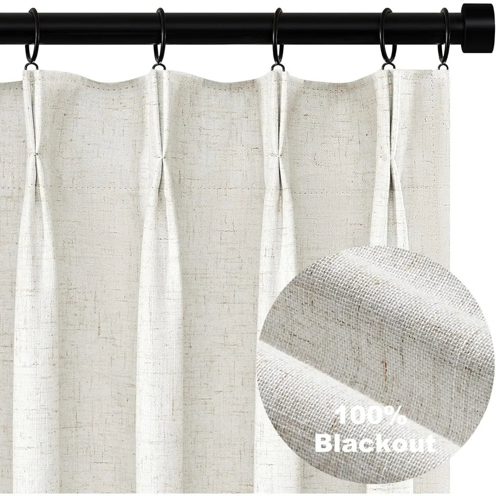 Pleated Curtains 96 Inch Long, 100% Blackout Insulated Natural Linen Pinch Pleat