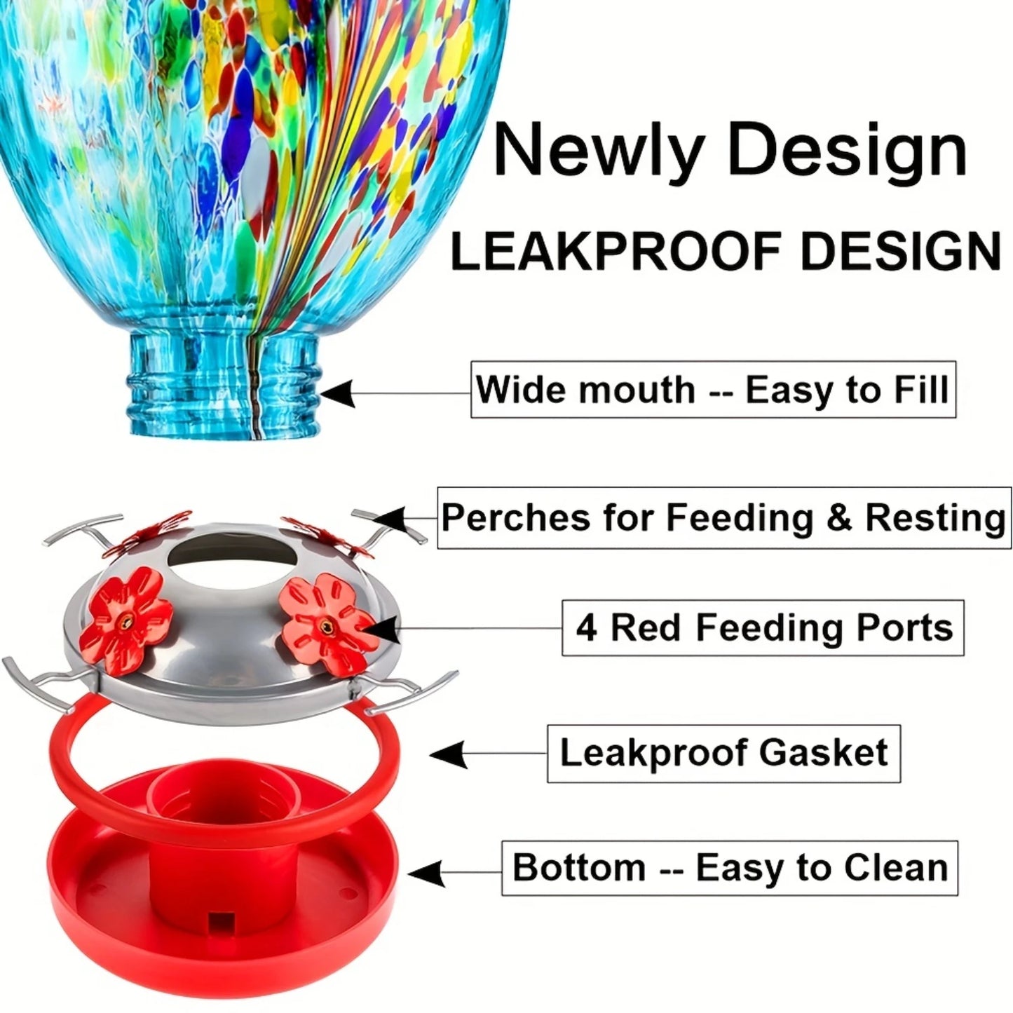 Hummingbird Feeder For Outdoors Patio Garden Hand Blown Glass Large Colorful