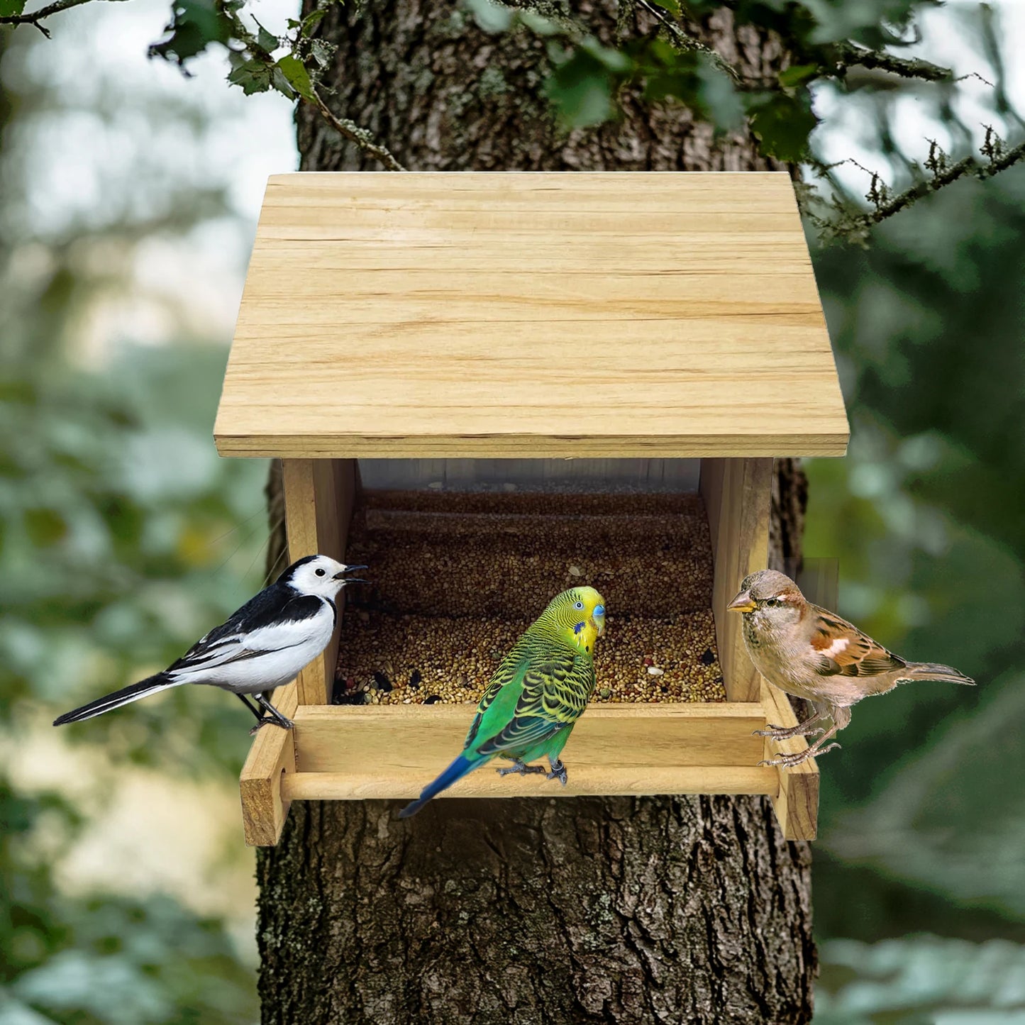 Natural Wooden Bird Feeder Garden Cardinal Bird House Feeder Hopper