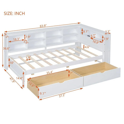 Modern Wood Daybed with 2 Drawers, No Box Spring Required, USB Charging Ports