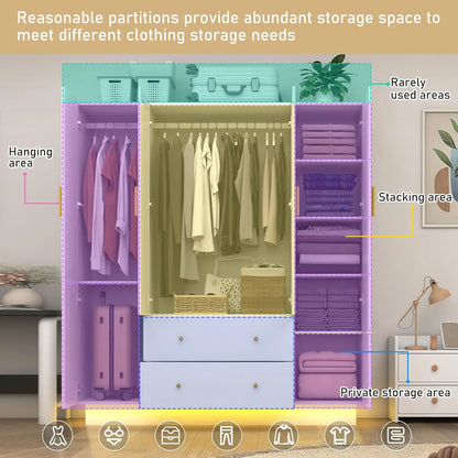 4 Door Wardrobe Closet with Mirrors and LED Lights, Drawers and Shelves,