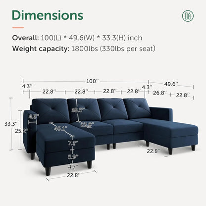 Velvet Sectional Sofa with Chaise U Shaped Sectional Couch Dark Blue