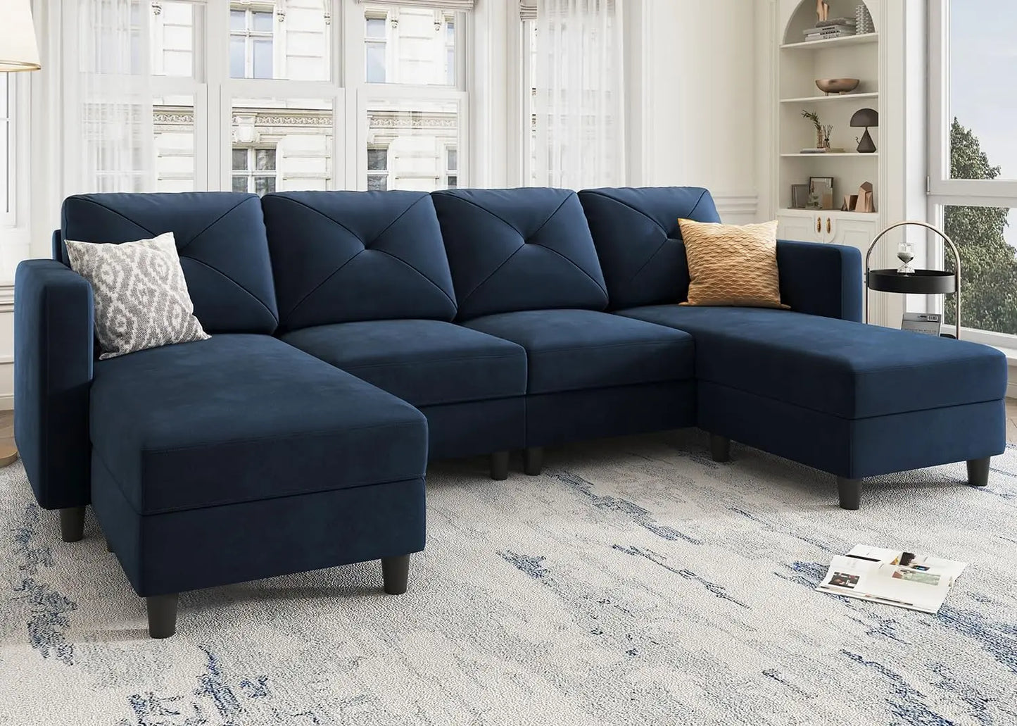 Velvet Sectional Sofa with Chaise U Shaped Sectional Couch Dark Blue