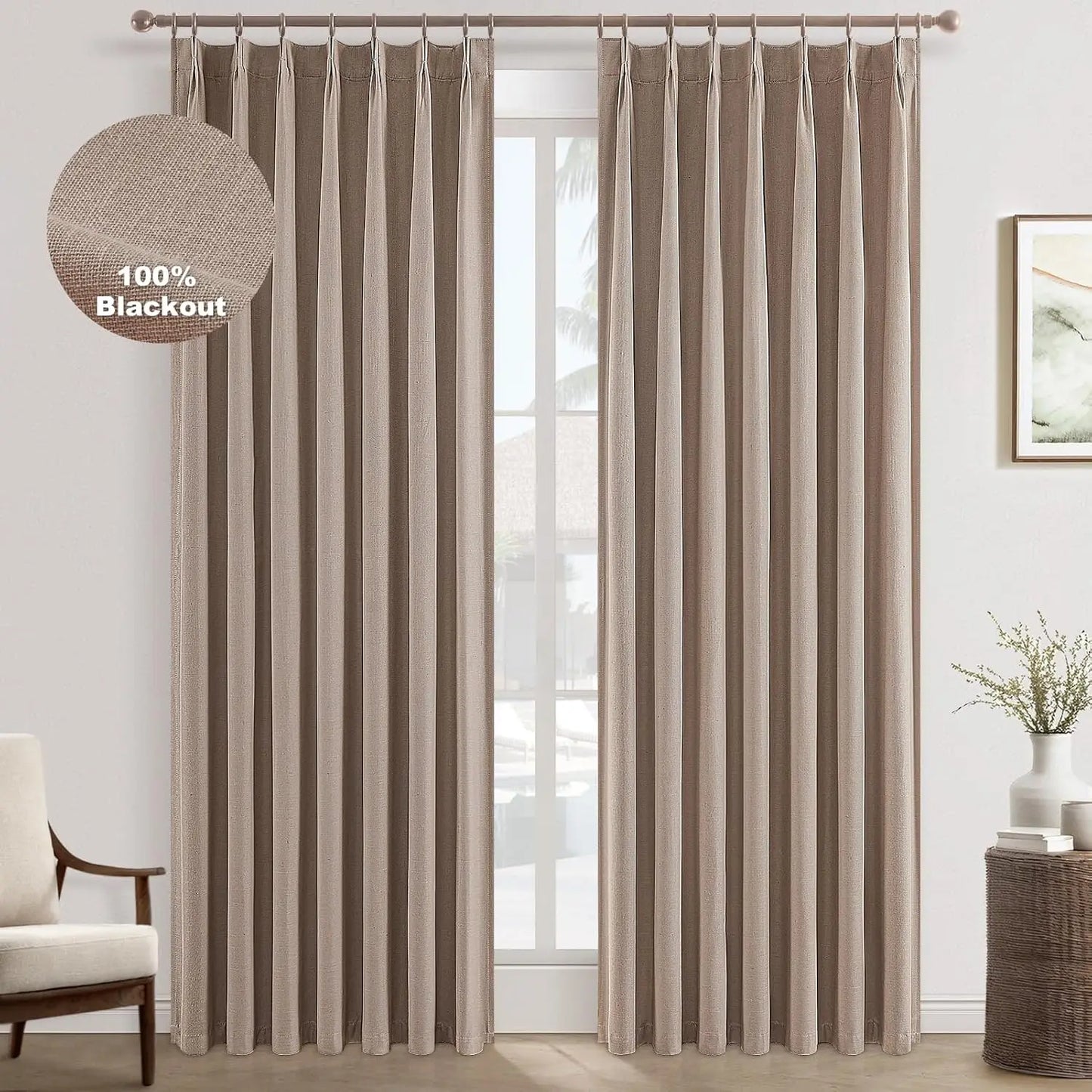 Pleated Curtains 96 Inch Long, 100% Blackout Insulated Natural Linen Pinch Pleat