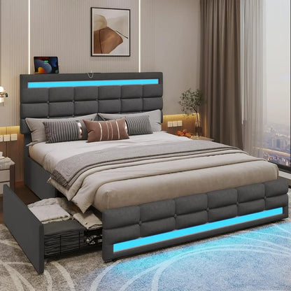 LED Bed Frame w 4 Drawers and 2 USB Charging Station, Upholstered Platform Bed