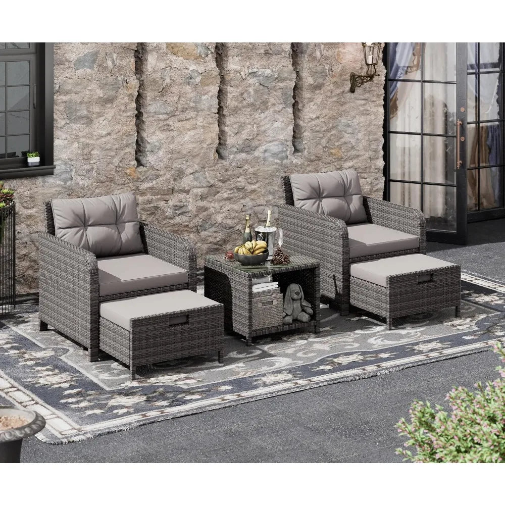 5 Piece Patio Conversation Set, Wicker Rattan Glass Table