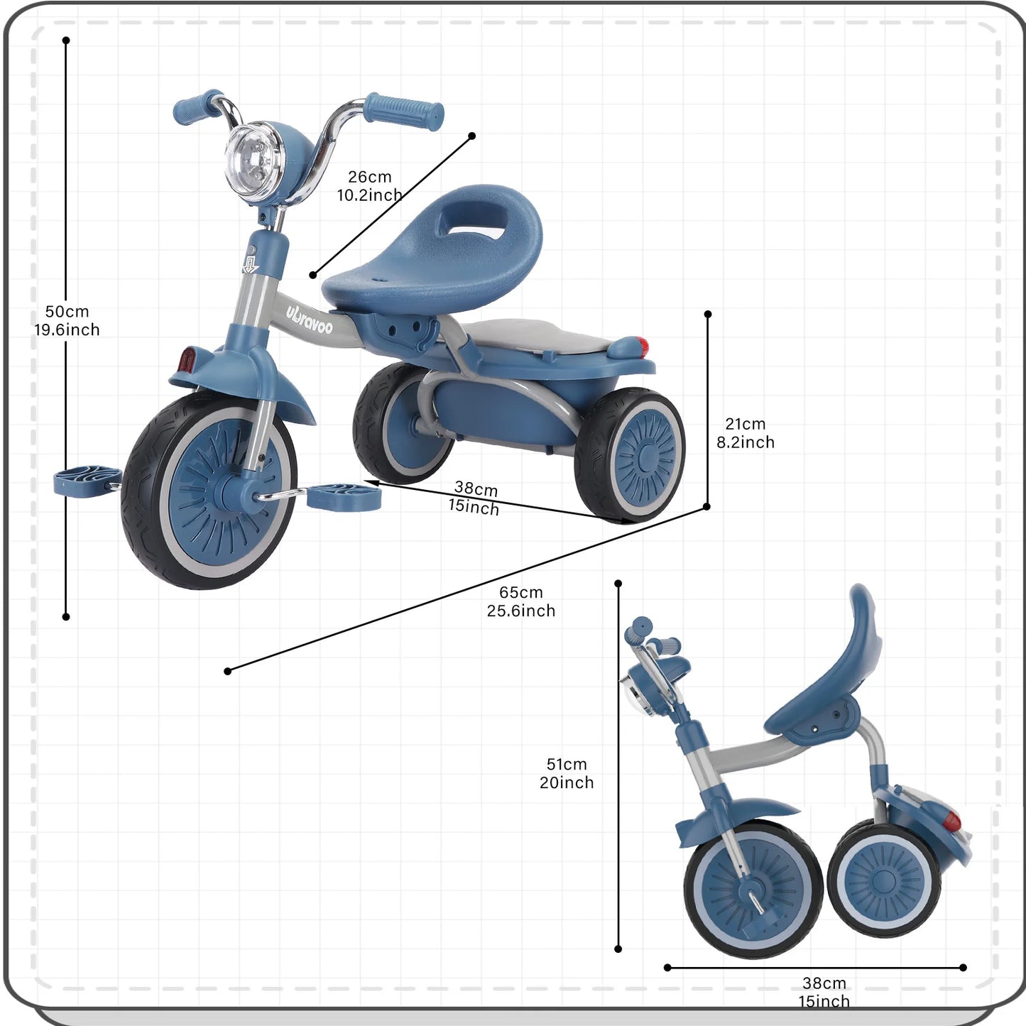 Baby Foldable Tricycle Trike PU Wheels with Elasticity Shock-absorbing Effect, Cool Lights,1-5 Years