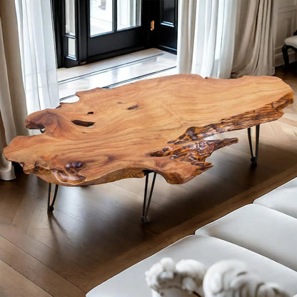 Natural Wood Coffee Table with Clear Lacquer Finish and Metal Hairpin Legs