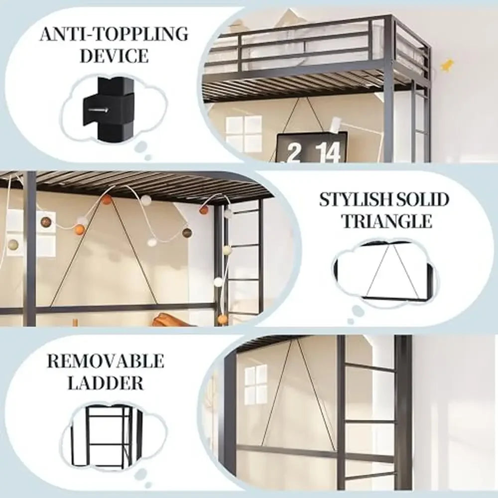 Metal Loft Bed Twin Size Removable Ladder 76.4"L x 42.1"W x 70.9"H