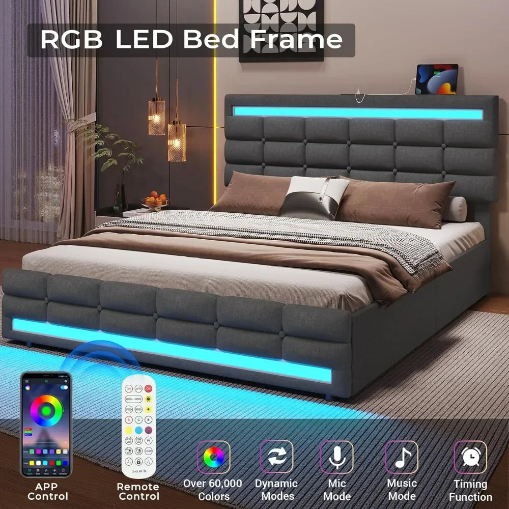 LED Bed Frame w 4 Drawers and 2 USB Charging Station, Upholstered Platform Bed