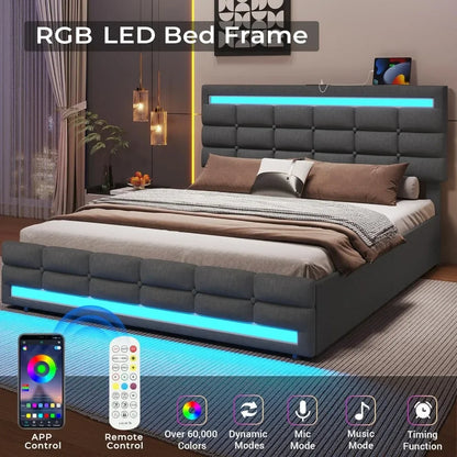 LED Bed Frame w 4 Drawers and 2 USB Charging Station, Upholstered Platform Bed