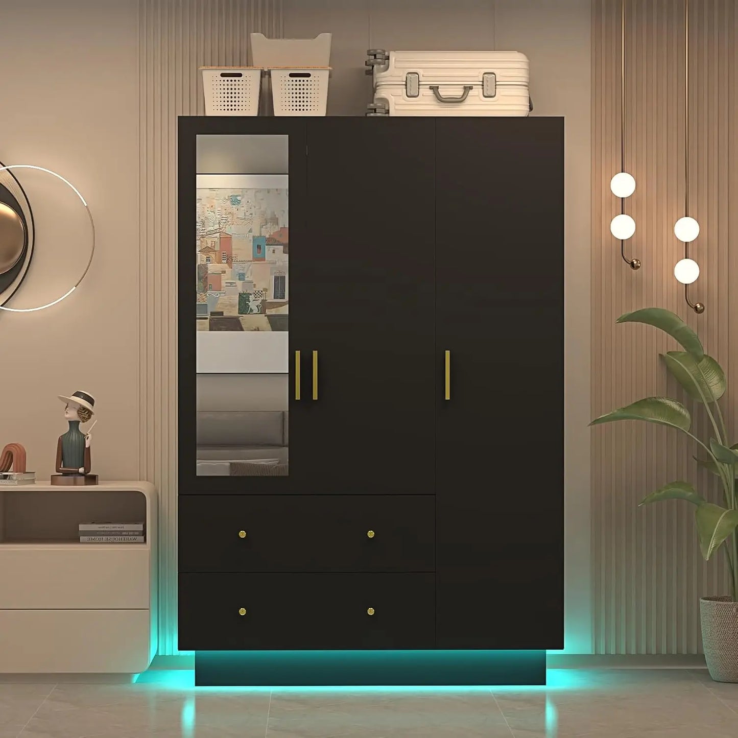 4 Door Wardrobe Closet with Mirrors and LED Lights, Drawers and Shelves,