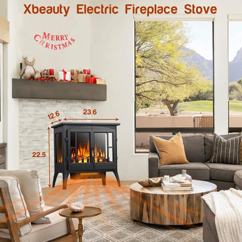 Electric Fireplace Stove, Freestanding Fireplace Heater with Realistic Flame