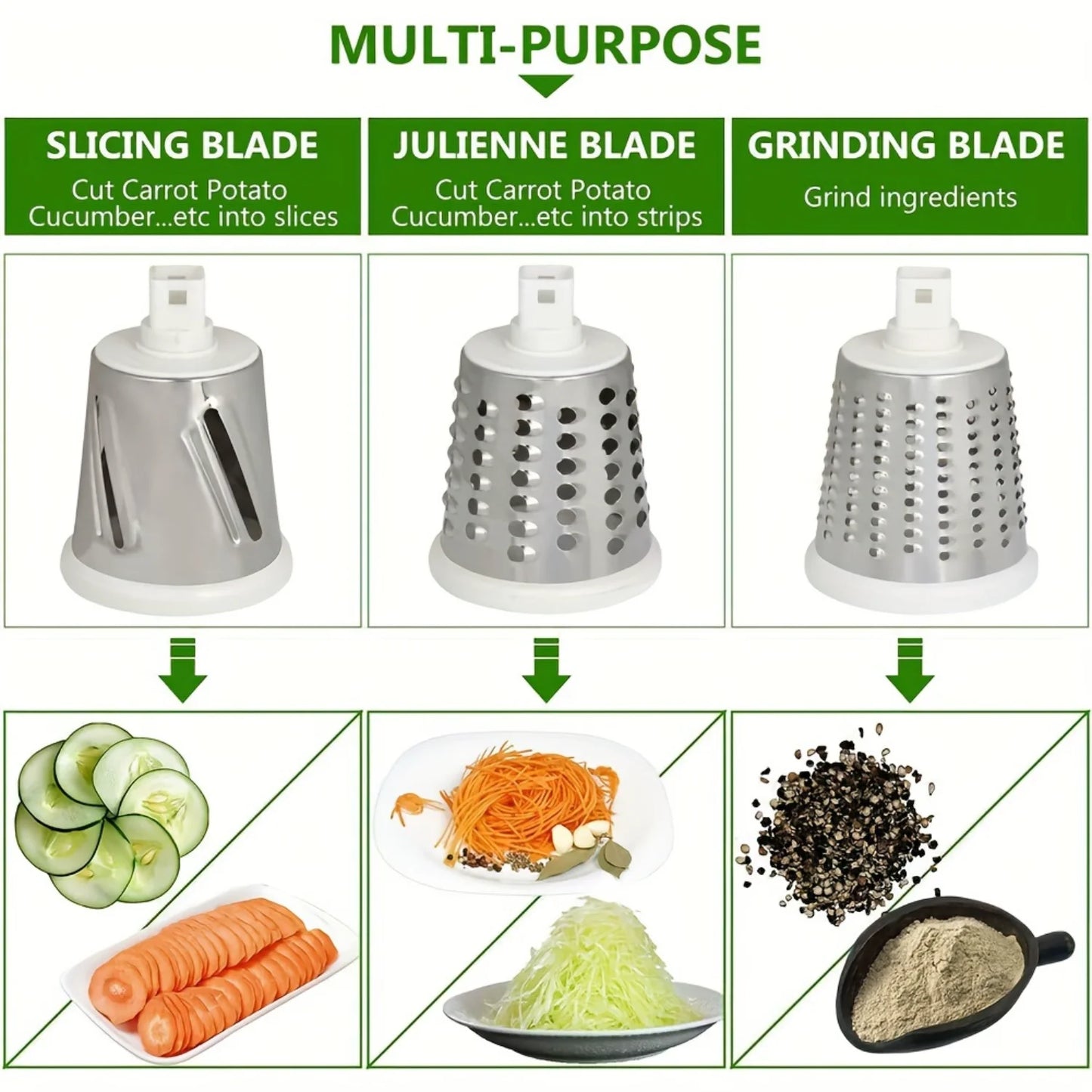 Rotary cheese grater with 3 interchangeable blades for fruits, vegetables, nuts