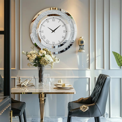 Silver, Tawny Tinted Round Mirror 24inch Crystal Sparkle Mirrored Wall Clock for Living Room