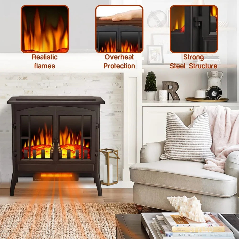 Electric Fireplace Stove, Freestanding Fireplace Heater with Realistic Flame