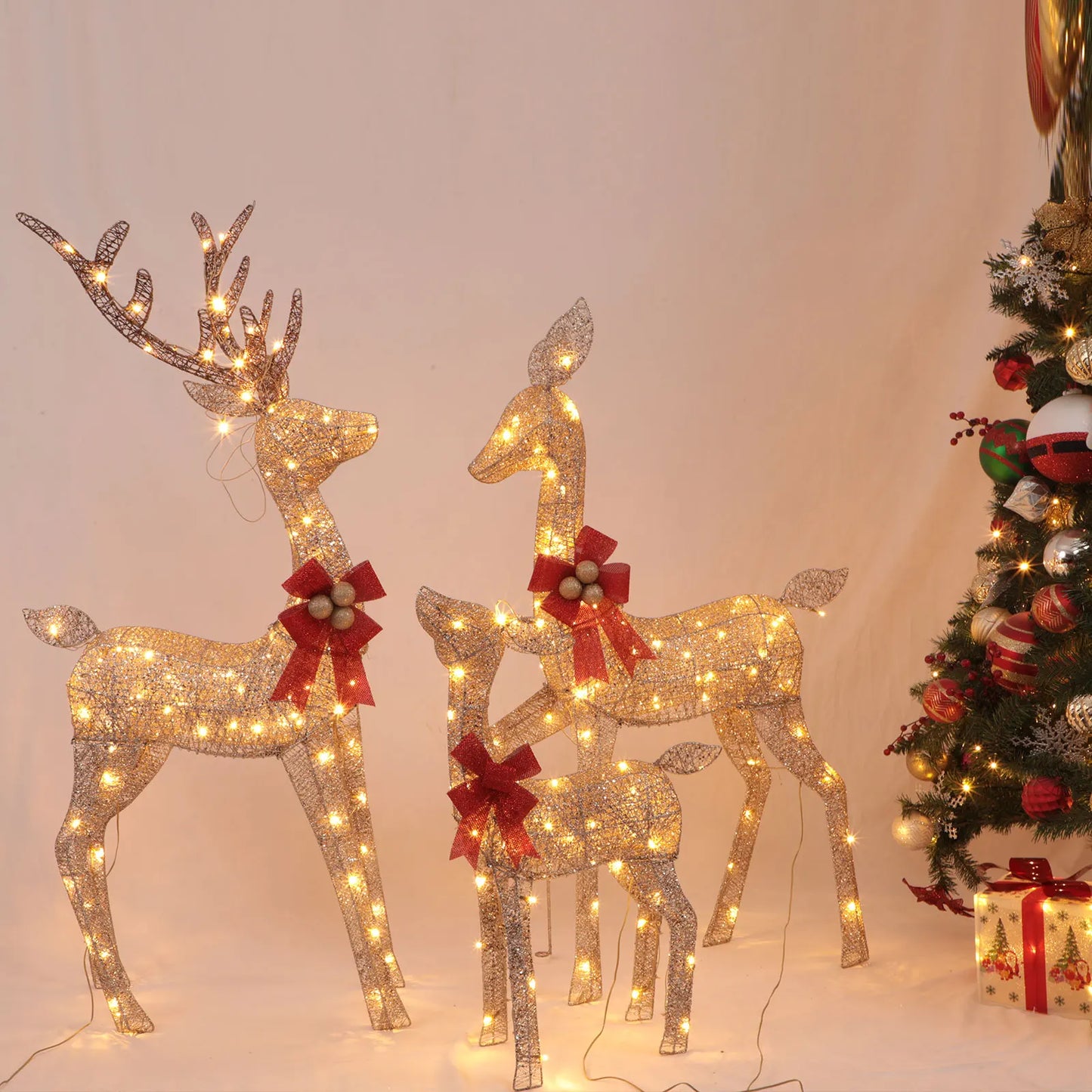 3D Reindeer Family Light Up Deer 3 Set with 210 LED Lights Kit Stakes