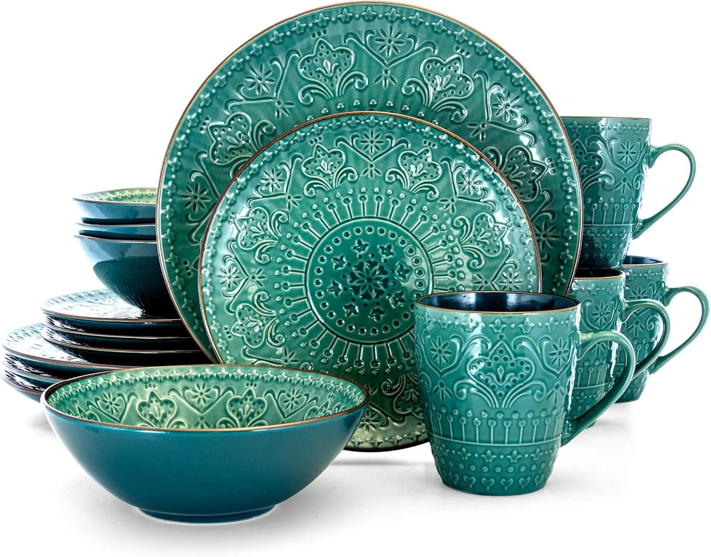 Round Stoneware Embossed Dinnerware Dish Set, 16 Piece