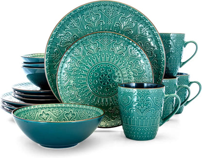 Round Stoneware Embossed Dinnerware Dish Set, 16 Piece