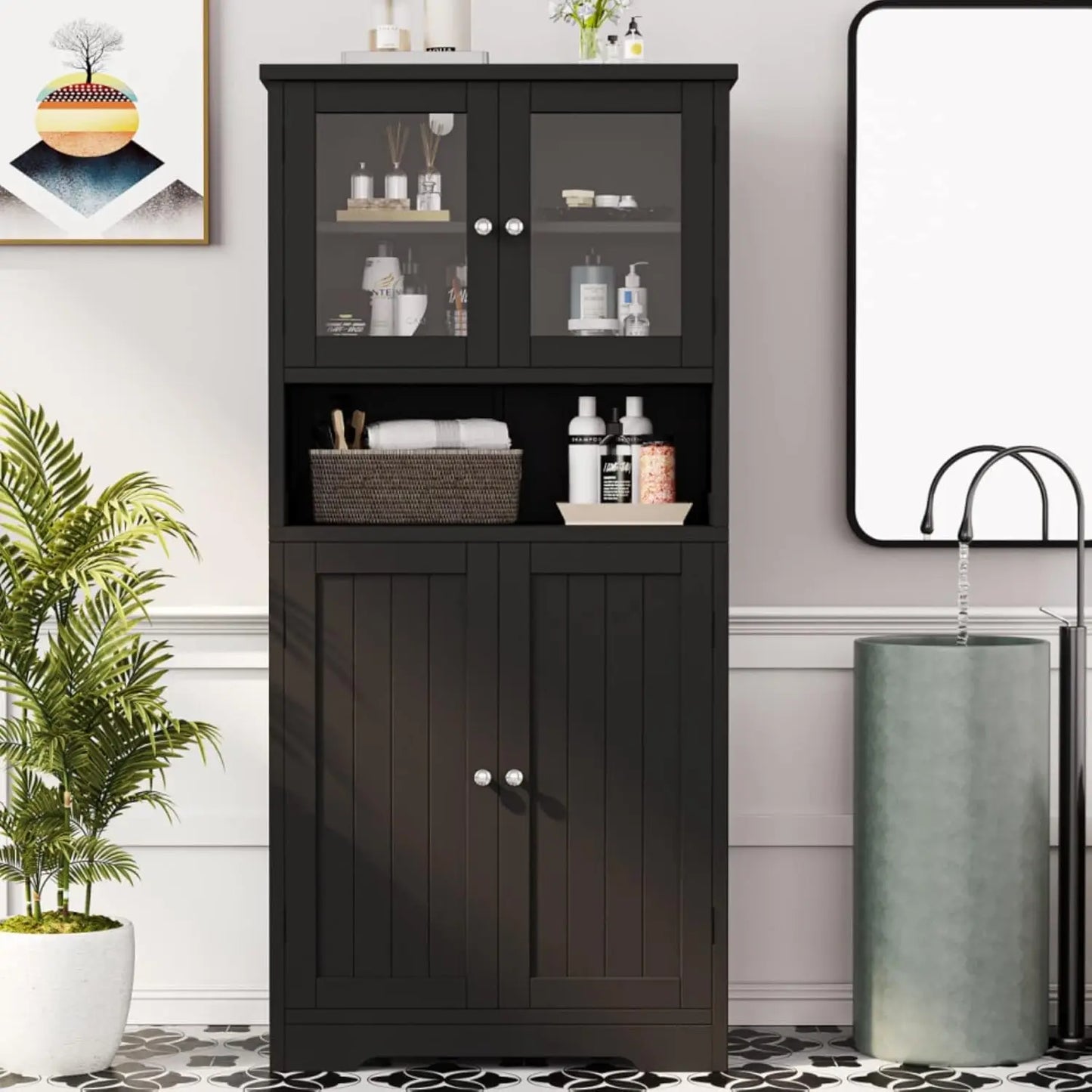 Bathroom Floor Cabinet with Open Shelf, Cabinet with Doors