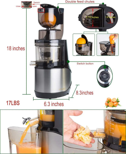 Juicer, Whole Slow Juicer Extractor, Cold Press Juicer Machine Anti-Oxidation for Fruit