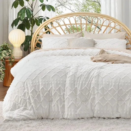 Queen Comforter Set - White Comforter, Boho Tufted Shabby Chic Bedding