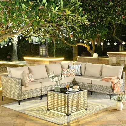 7 Piece Outdoor Patio Furniture with Glowing Coffee Table, Wicker