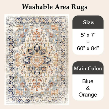 Machine Washable Rug 5'x7' Vintage Design Washable Area Rugs with Non Slip