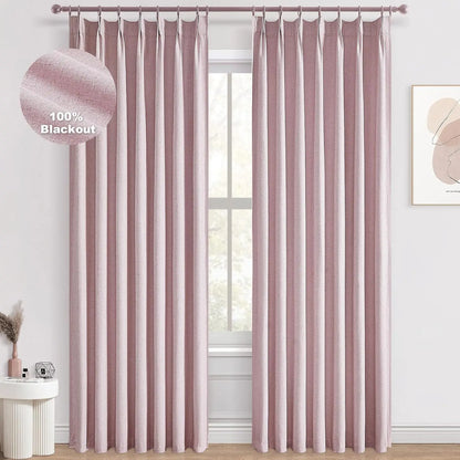 Pleated Curtains 96 Inch Long, 100% Blackout Insulated Natural Linen Pinch Pleat