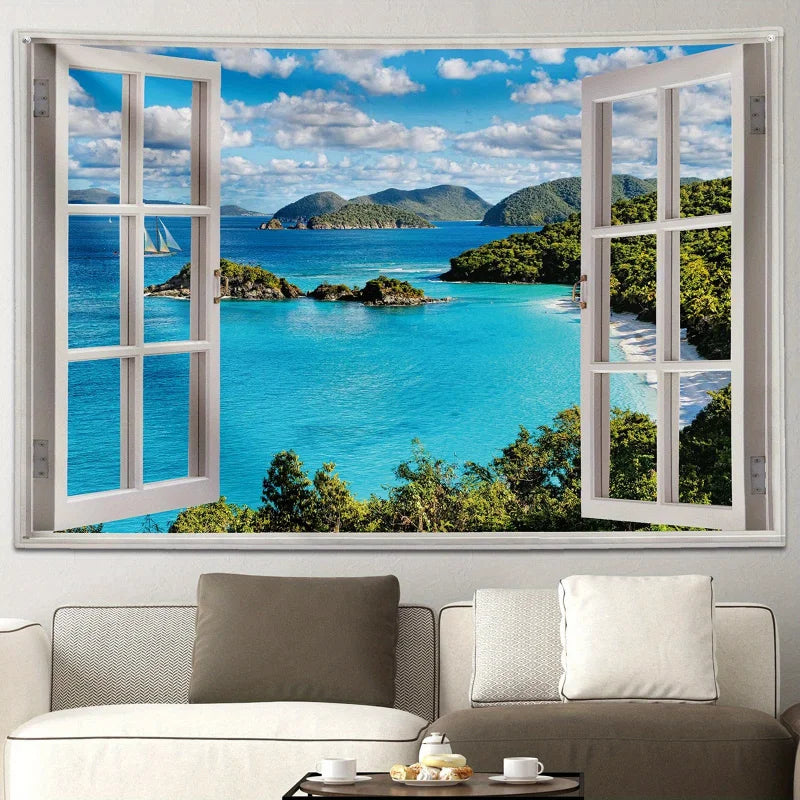 1pc Nature Landscape Wall Tapestry, Blue Ocean Sea Beach Print Backdrop, Wall Hanging