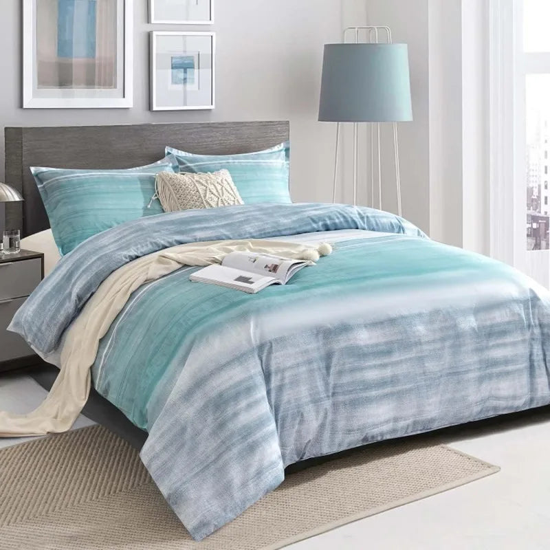 Teal Duvet Cover Queen Size, 3pc Modern Grey and Blue Gradient Striped Microfiber