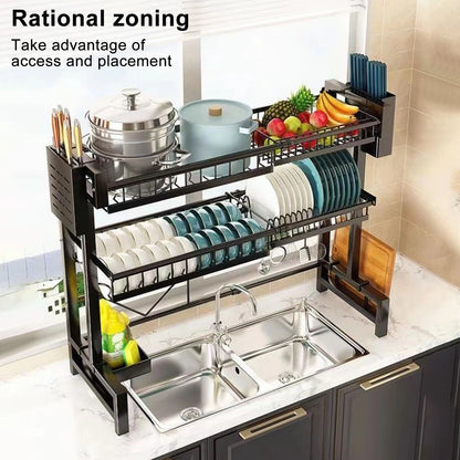 2 Tier Kitchen Storage Shelf Above Sink Stretchable Bowl Draining Rack