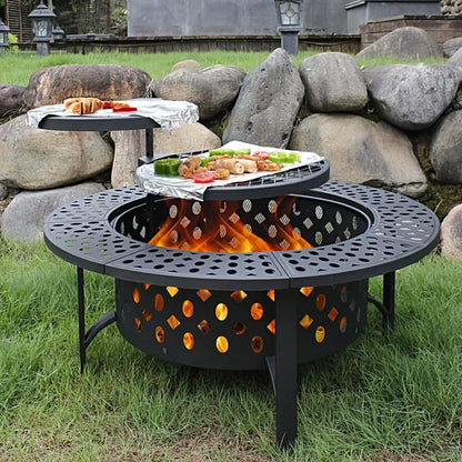 36 Inch Three in One Fire Pit with 2 Grills, Outdoor Wood Burning Fire Pit