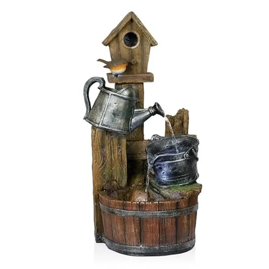 Birdhouse Wood Water Fountain LED Lights Multicolor Garden Decor 32"H