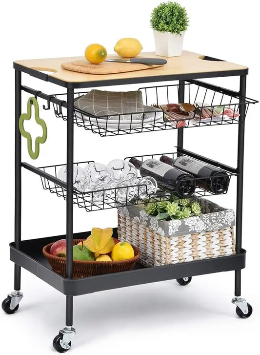 Kitchen Island Serving Cart with Utility Wood Tabletop, 4-Tier Rolling with 2 Basket Drawers