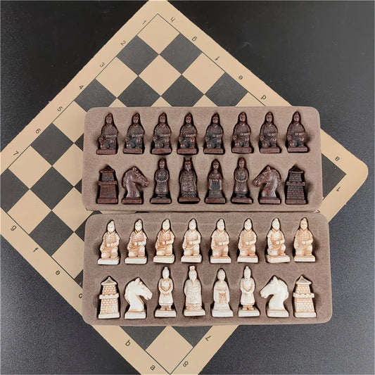 Antique Small Terra Cotta Warriors Chess Pieces Chess Leather Board 28cm/11.02inch