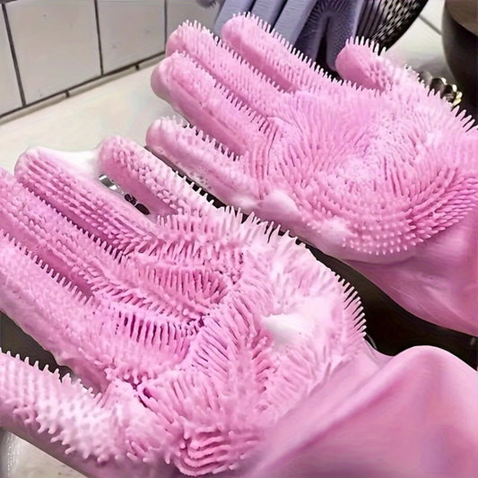 Silicone Dishwashing Gloves - Reusable Kitchen Scrubber, Non-Slip, Heat Resistant