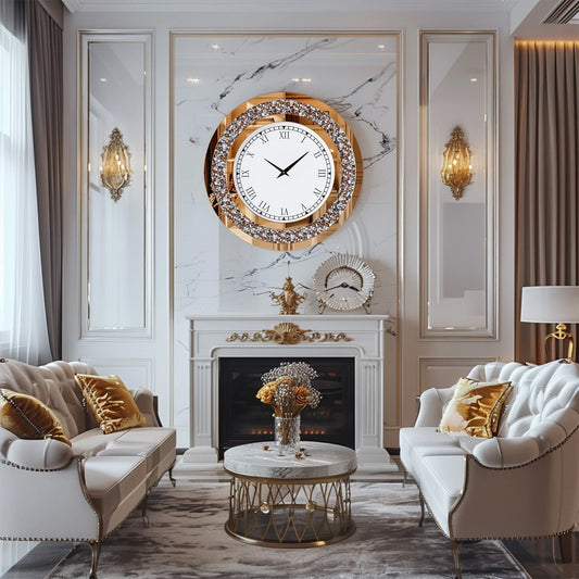 Silver, Tawny Tinted Round Mirror 24inch Crystal Sparkle Mirrored Wall Clock for Living Room