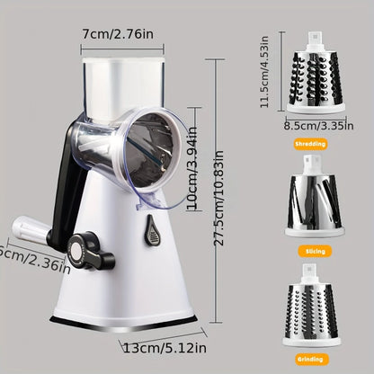 Rotary cheese grater with 3 interchangeable blades for fruits, vegetables, nuts