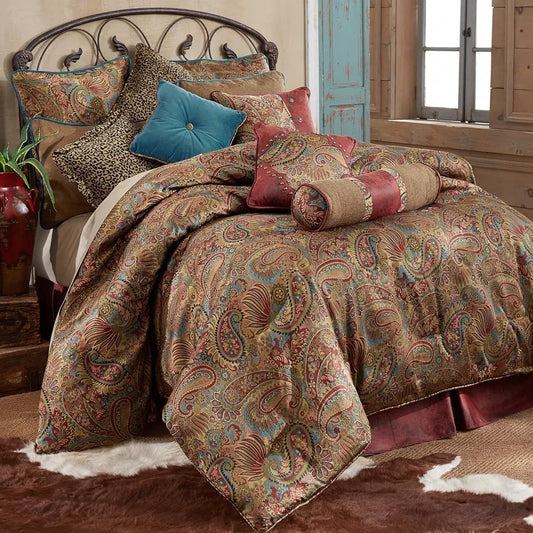 4 Piece Comforter Set, Super King, Q, & Full Red Bed Skirt, Rustic Style 1 Comforter, 1 Bed skirt, 2 Pillow Shams