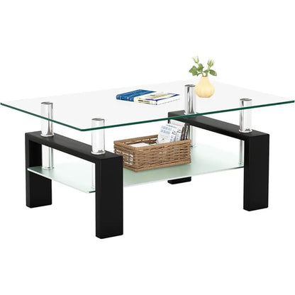 Rectangle Glass Coffee Table 2-Tier Tea Table Modern Side Coffee Table