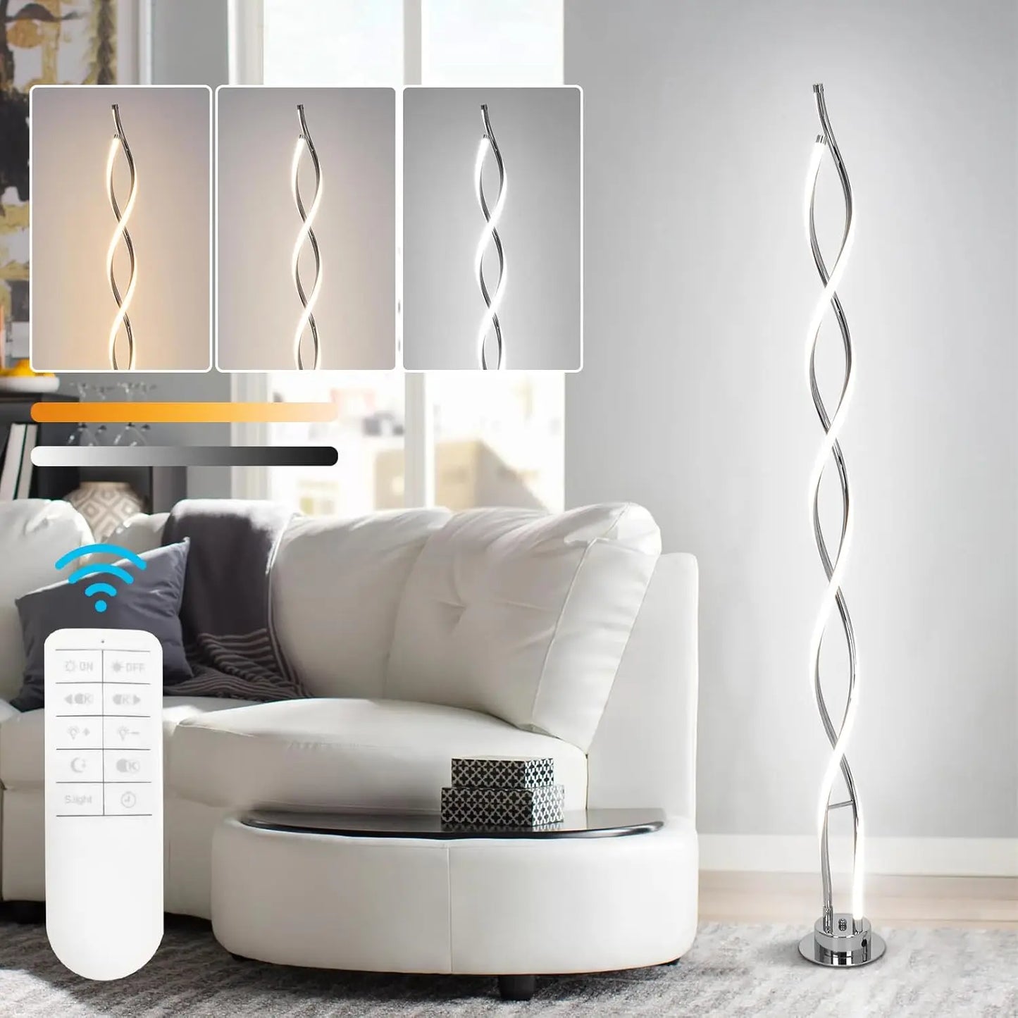 Floor Lamp, LED Spiral Floor Lamp for Living Room, 3-Color Dimmable Remote