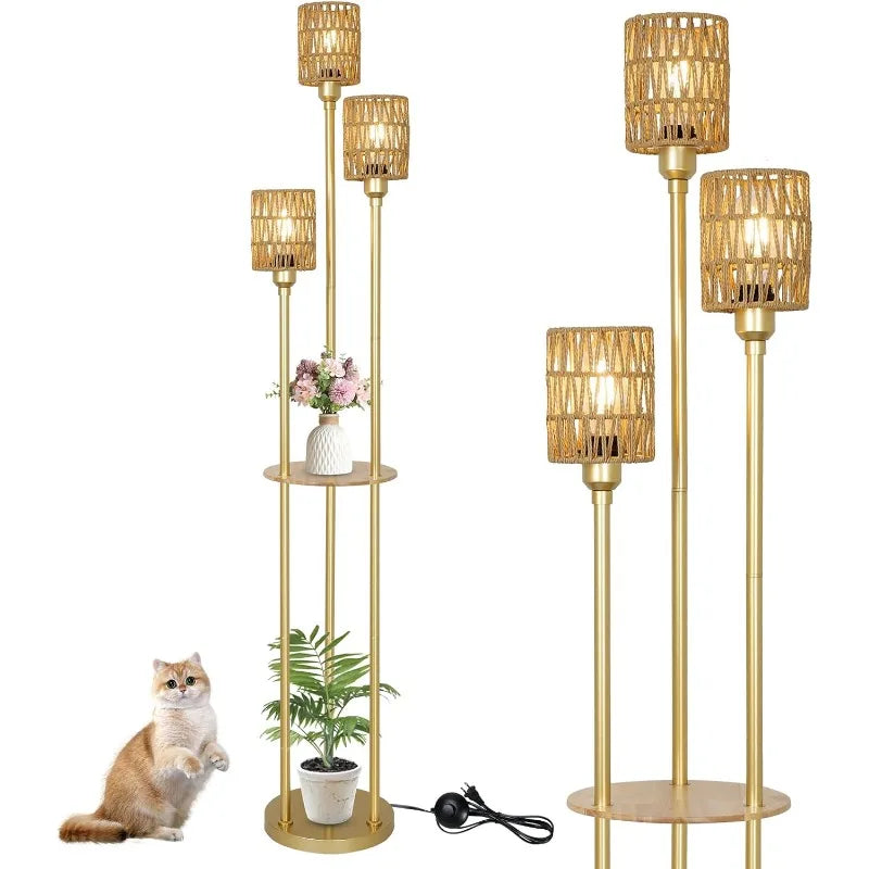 Floor Lamp with Shelves, for Living Room, 3-Lights with On/Off Foot Switch