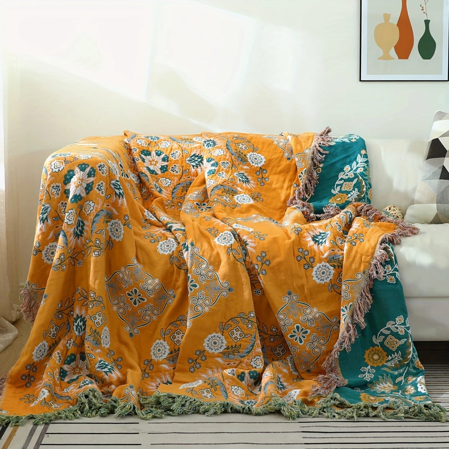 1pc Floral Sofa Towel Blanket With Tassel, Cotton Printed Blanket