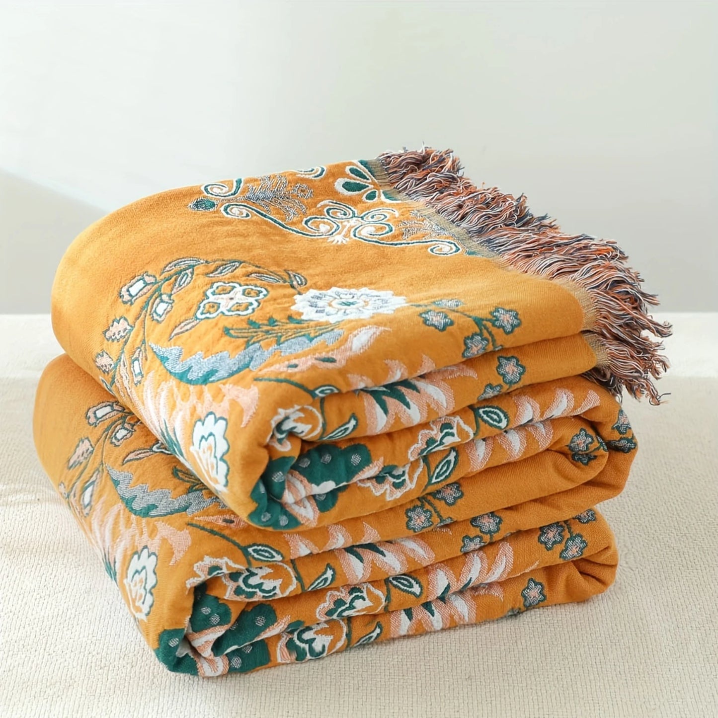 1pc Floral Sofa Towel Blanket With Tassel, Cotton Printed Blanket