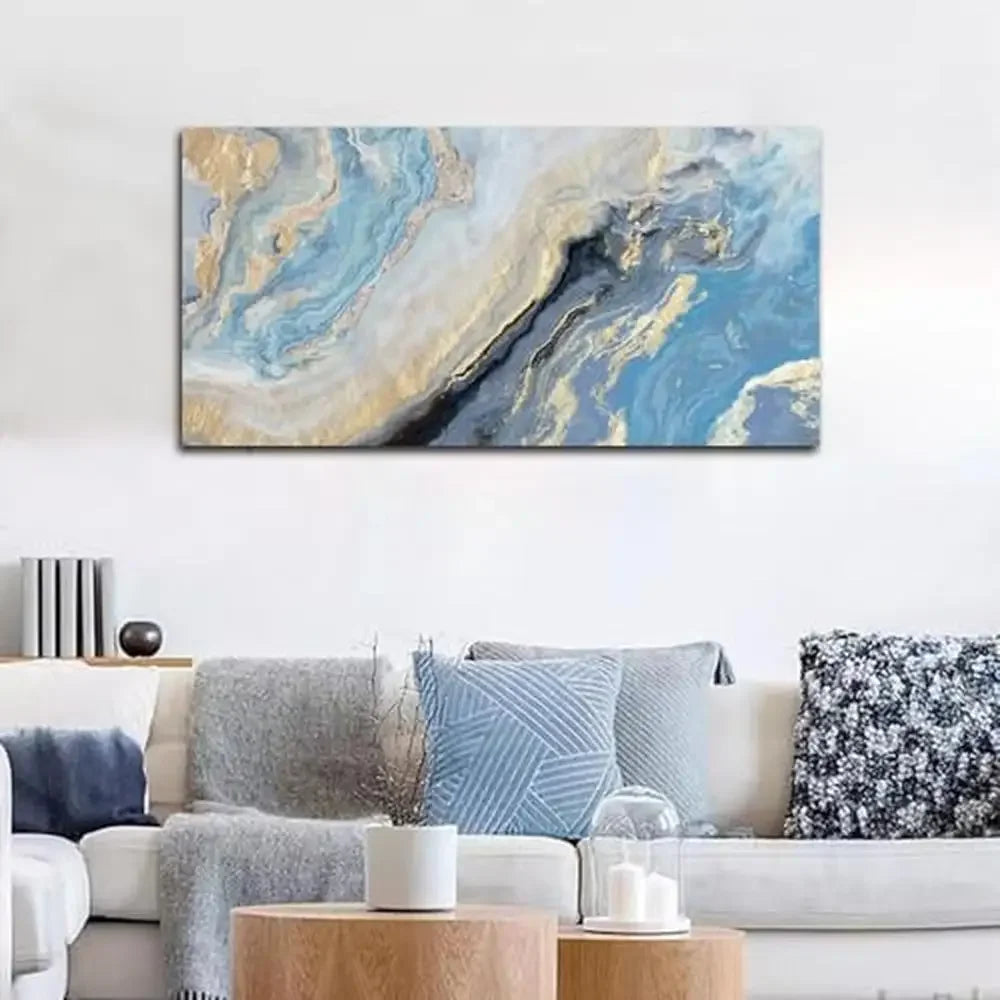 Abstract Blue Gold Marbling Canvas Wall Art Decor Living Room Bedroom