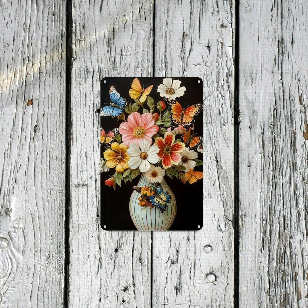 Rustic Butterfly and Flower Iron Painting Frameless Iron Painting - Vintage