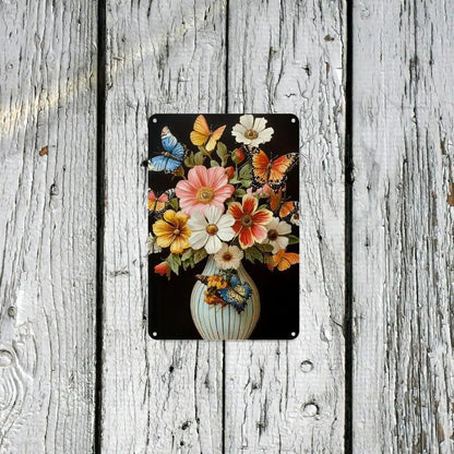 Rustic Butterfly and Flower Iron Painting Frameless Iron Painting - Vintage