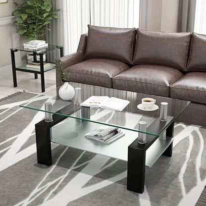 Rectangle Glass Coffee Table 2-Tier Tea Table Modern Side Coffee Table